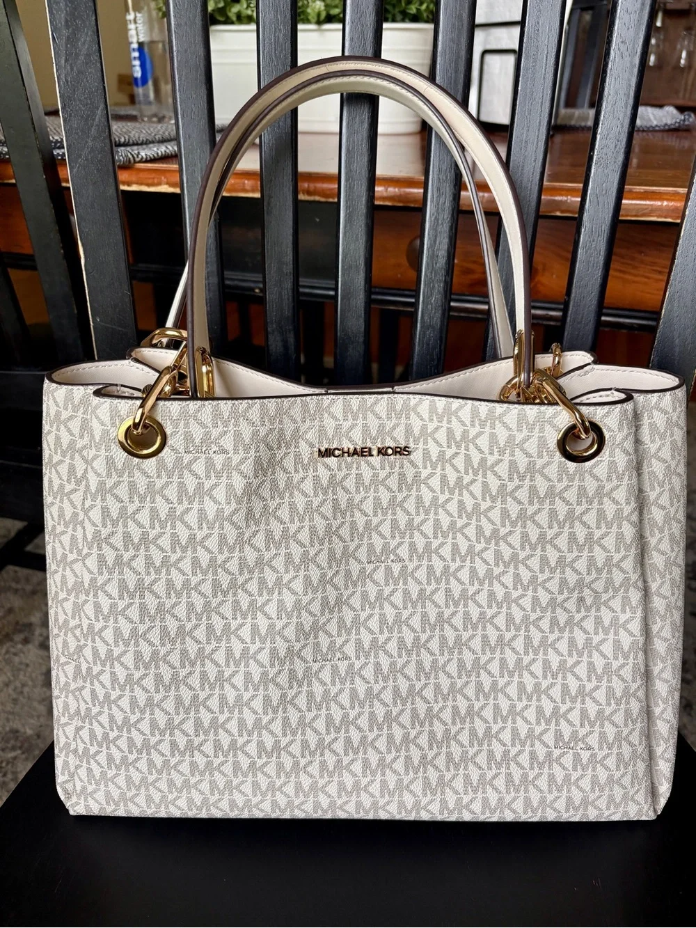 Michael Kors Cream Monogram Logo Shoulder Bag with Gold Hardware